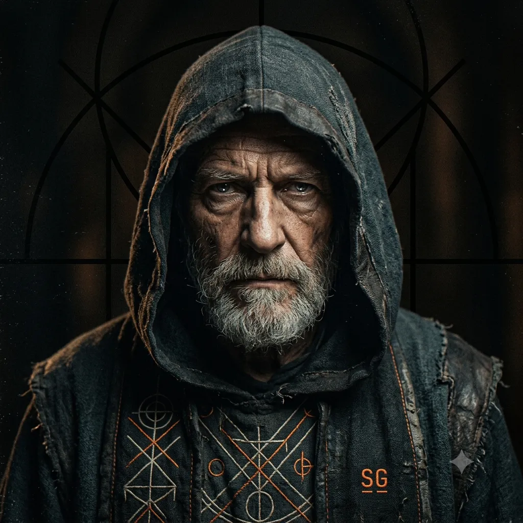 The Digital Warlock: an old man in a worn hood, lit by a single warm light, sigils embroidered in ember and bone on his robe.